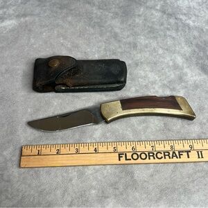 Vintage Gerber Magnum Folding Hunting Knife 97223 Drop Point Brass Wood & Sheath